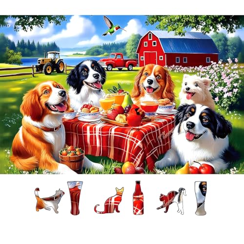 MINIWAN Spring Dogs Farm Picnic 500 Piece Puzzle for Adults Fun Puzzles for Adults 500 Pieces with HD Print Poster 23 X 15 Dust Free for Gifts Halloween Christmas Family Games Lovers - Image 1