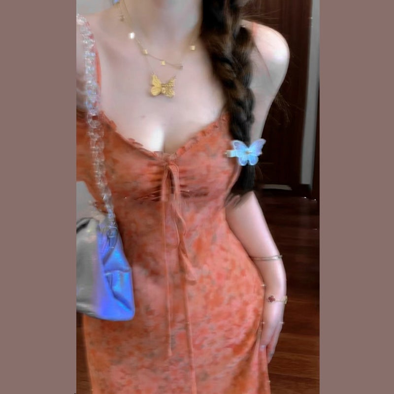 Spring Floral Dress 2024 New French Style Elegant Fat Style All Kinds of Strap Dress Womens Summer Long Dress orange] 
