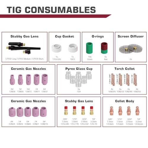 ARCCAPTAIN TIG Welding Torch Accessories kit 71 Pcs Alumina Nozzle Collets Body Stubby Gas Lens #12 Glass Cup consumables Kit For WP-17/18/26-Black - Image 3