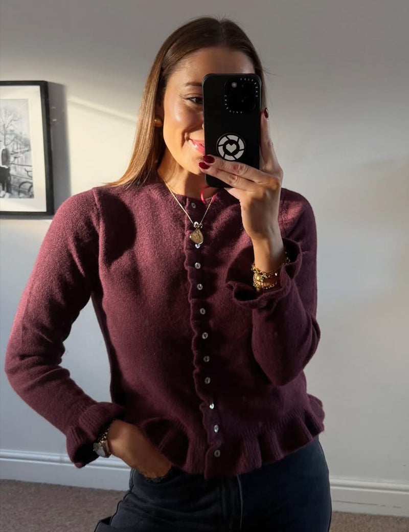 Yimoon Women's Cropped Cardigan Sweater Ruffle Frilly Long Sleeve Button Down Cute Knit Outwear 2025 Trendy(WineRed-M) - Image 2