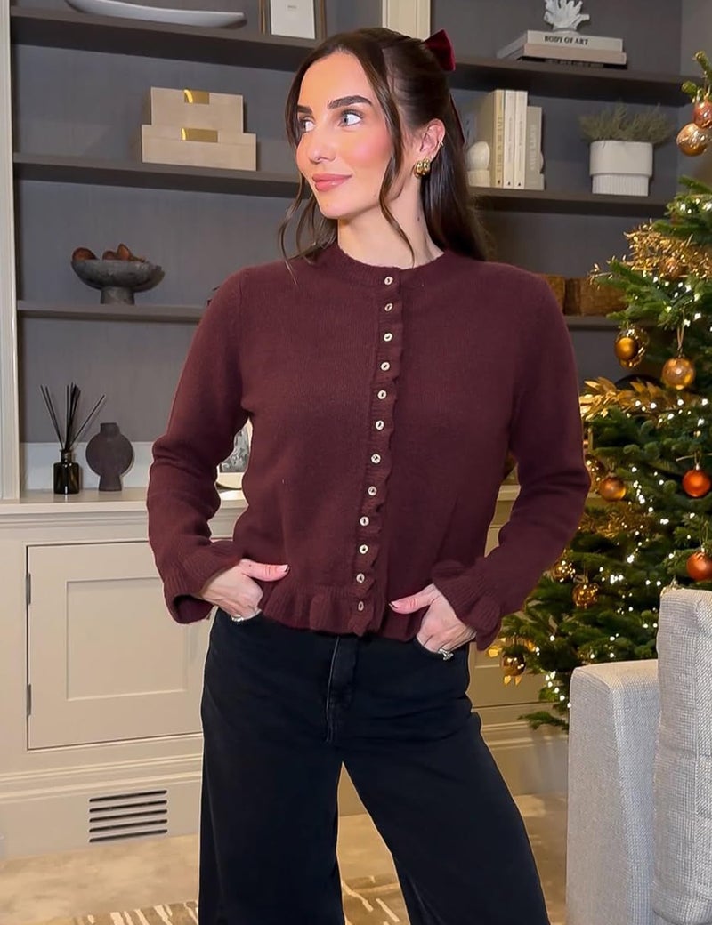 Yimoon Women's Cropped Cardigan Sweater Ruffle Frilly Long Sleeve Button Down Cute Knit Outwear 2025 Trendy(WineRed-M) - Image 5