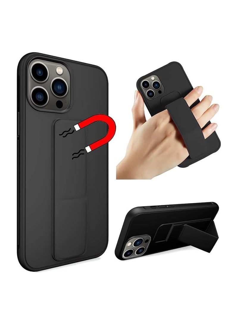 جراب جلدي مع قبضة لهاتف iPhone 14 Pro Max، غطاء مغناطيسي وحامل للسيارة وحامل، حامل عمودي وأفقي، بدون استخدام اليدين، لهاتف iPhone 14 Pro Max (أسود) - Image 1