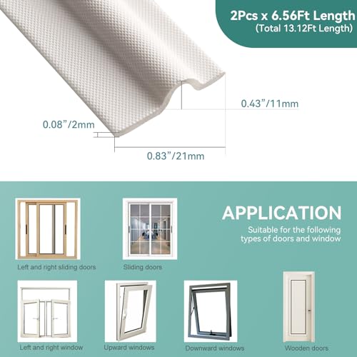 MOPMS Draft Stopper Sweep, Door Weatherproofing Stripping, Window Seal Strip Self-adhisive Soundproof Cuttable Weather Length 13.12 Ft (2 Pcs x 6.56 Ft), White - Image 2