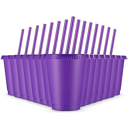 Rtteri 15 Pcs Reusable Cups with Straws and Lids 16 oz Glitter Tumblers Plastic Party Favor Cups with Lids Travel Mug Tumbler for Easter Graduation Party Iced Beverage WaterPurple - Image 1