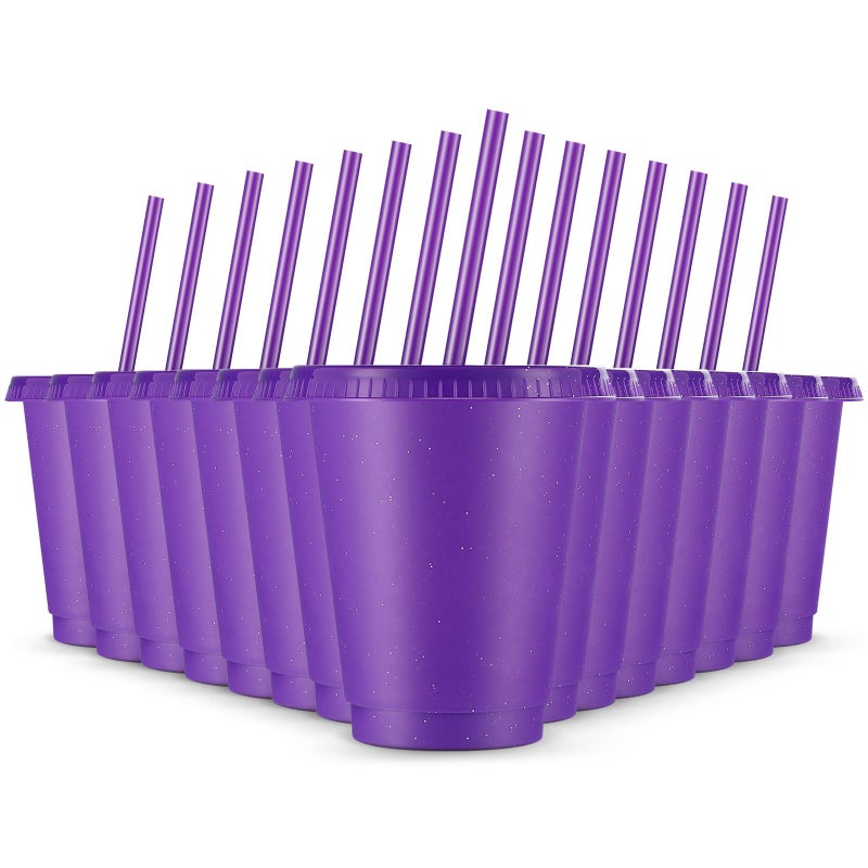 Rtteri 15 Pcs Reusable Cups with Straws and Lids 16 oz Glitter Tumblers Plastic Party Favor Cups with Lids Travel Mug Tumbler for Easter Graduation Party Iced Beverage WaterPurple - Image 2