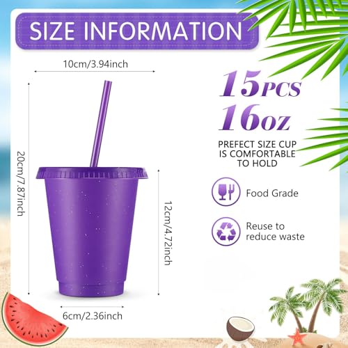 Rtteri 15 Pcs Reusable Cups with Straws and Lids 16 oz Glitter Tumblers Plastic Party Favor Cups with Lids Travel Mug Tumbler for Easter Graduation Party Iced Beverage WaterPurple - Image 3