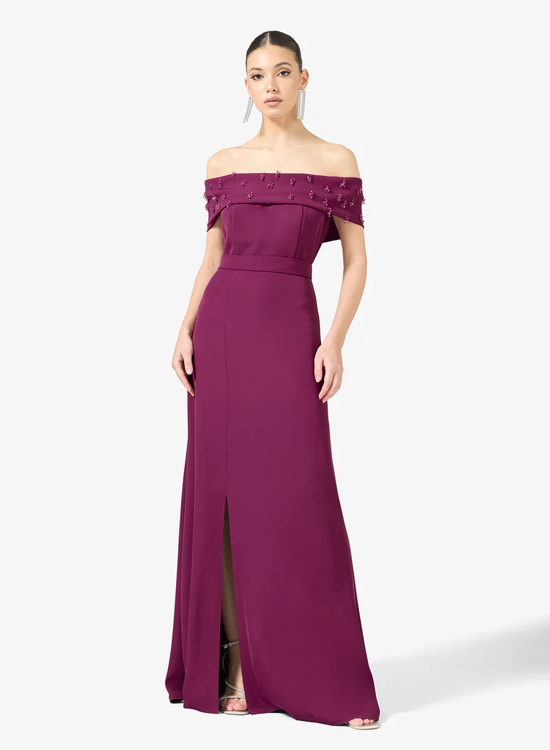 Rhinestone Embellished Off Shoulder Evening Dress