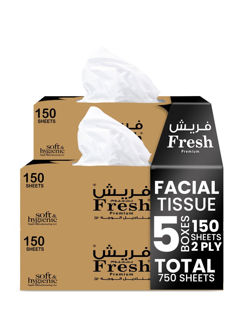 SNH Packing Fresh Facial Tissue Box Pack of 5, 150 Sheets x 2 Ply Each, Total 750 Sheets - Image 1
