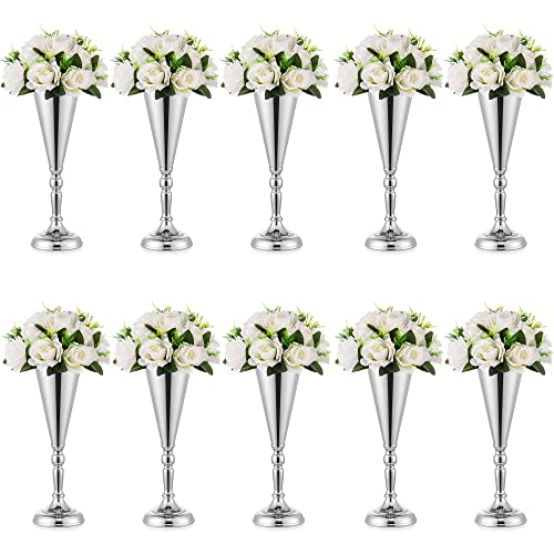 Sliver Vase Centerpiece Table Decorations  10 Pcs Metal Tabletop Flower Stand Wedding Decorations for Reception 14in Trumpet Tall Flower Vase for Birthday Weddings Anniversary Home Decor