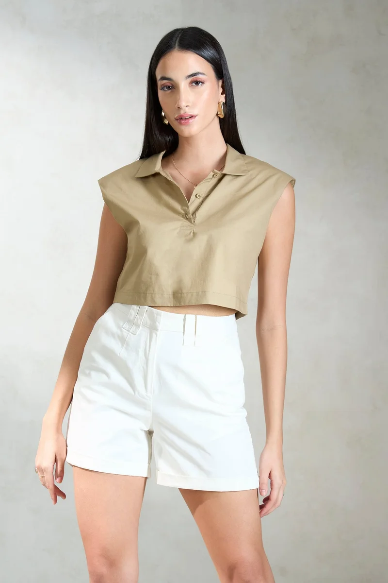فيرجيو Solid Cotton Crop Shirt With Padded Shoulder for Women