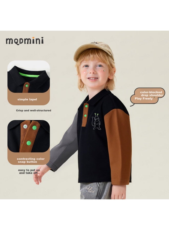 Mqdmini Boys' Long Sleeve Polo Shirt Children's Contrast Sleeve Splicing Infant Lycra Top - Image 2