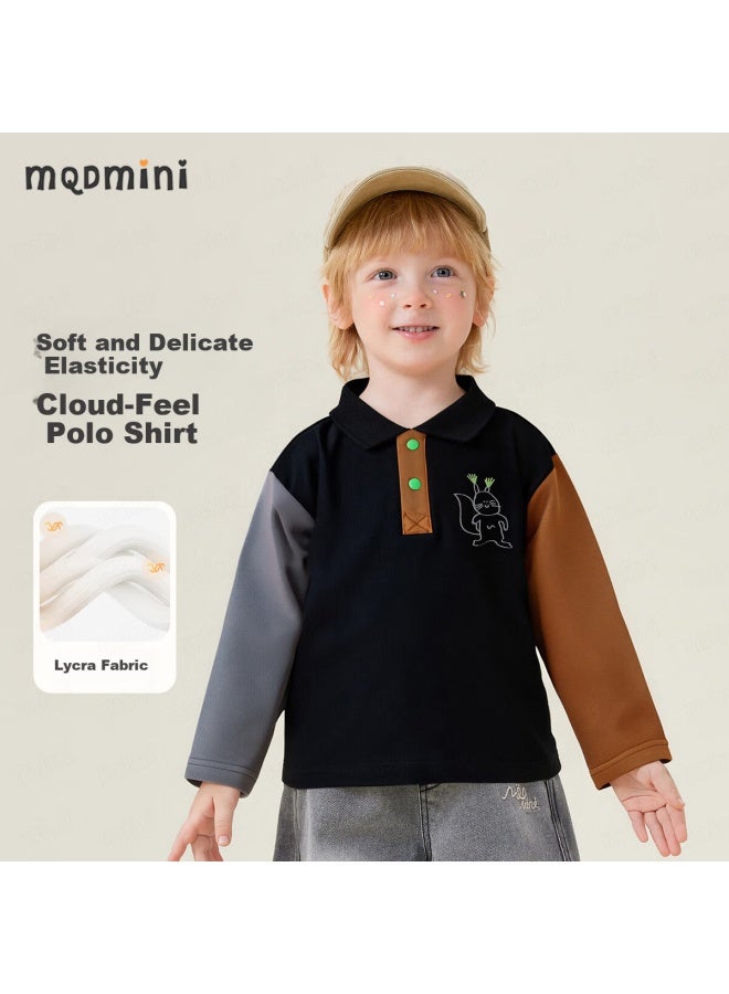 Mqdmini Boys' Long Sleeve Polo Shirt Children's Contrast Sleeve Splicing Infant Lycra Top - Image 1