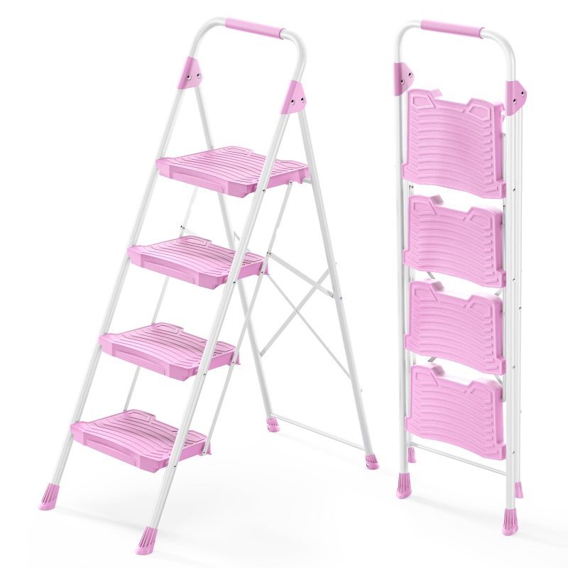 KINGRACK 4 Step Ladder, 900lbs Sturdy Step Stool with Handrail, Anti-Slip Wide Pedals, Foldable Stepladder for Home, Garage, Garden, Household, Pink, Pass 900LBS Testing - Image 1
