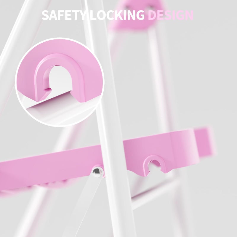 KINGRACK 4 Step Ladder, 900lbs Sturdy Step Stool with Handrail, Anti-Slip Wide Pedals, Foldable Stepladder for Home, Garage, Garden, Household, Pink, Pass 900LBS Testing - Image 4