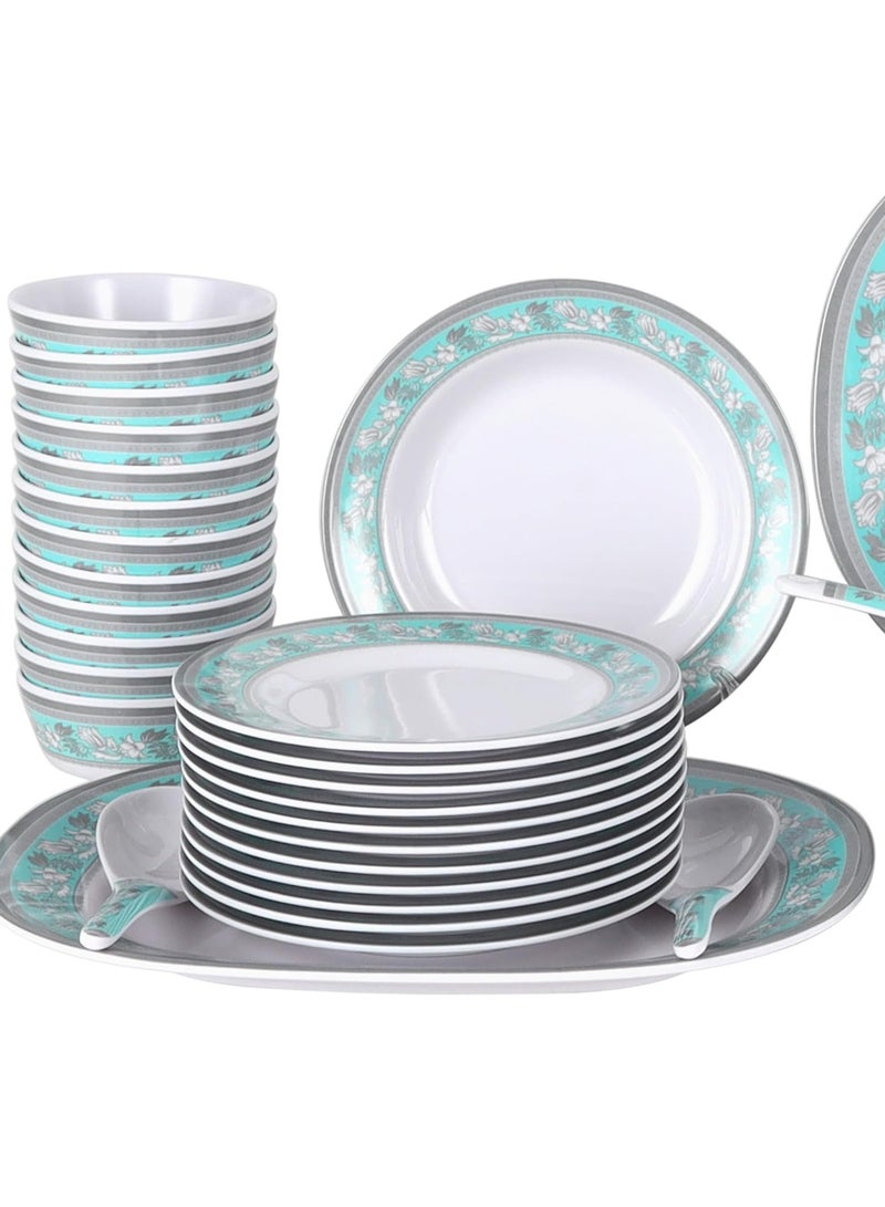 أي كي دي سي طقم عشاء رويال فورد من الميلامين، 70 قطعة، RF12676، يتضمن أطباق عميقة ومسطحة وبيضاوية، وأوعية تقديم، وملعقة أرز، وملاعق حساء، ومغرفة/آمنة للاستخدام في غسالة الأطباق والمجمد. - Image 2