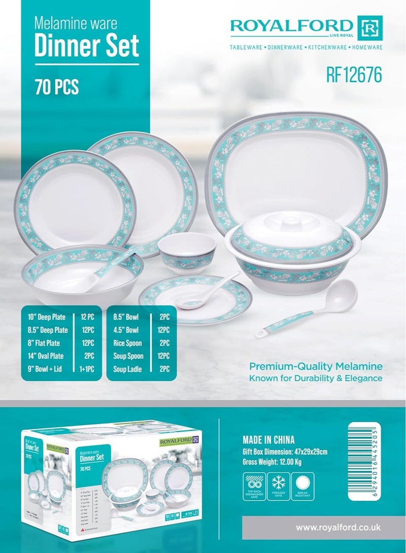 أي كي دي سي طقم عشاء رويال فورد من الميلامين، 70 قطعة، RF12676، يتضمن أطباق عميقة ومسطحة وبيضاوية، وأوعية تقديم، وملعقة أرز، وملاعق حساء، ومغرفة/آمنة للاستخدام في غسالة الأطباق والمجمد. - Image 3