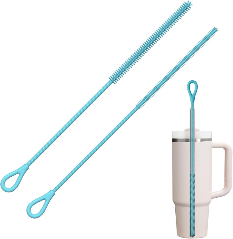 YOTIME Silicone Straw Cleaner Brush, 2Pcs Reusable Straw Brush Extra Long for Cleaning Tumbler with Handle and Glass Metal Smoothie Straws, Non-slip Handle Soft and Bendable, 6mm+9mm, Blue - Image 1
