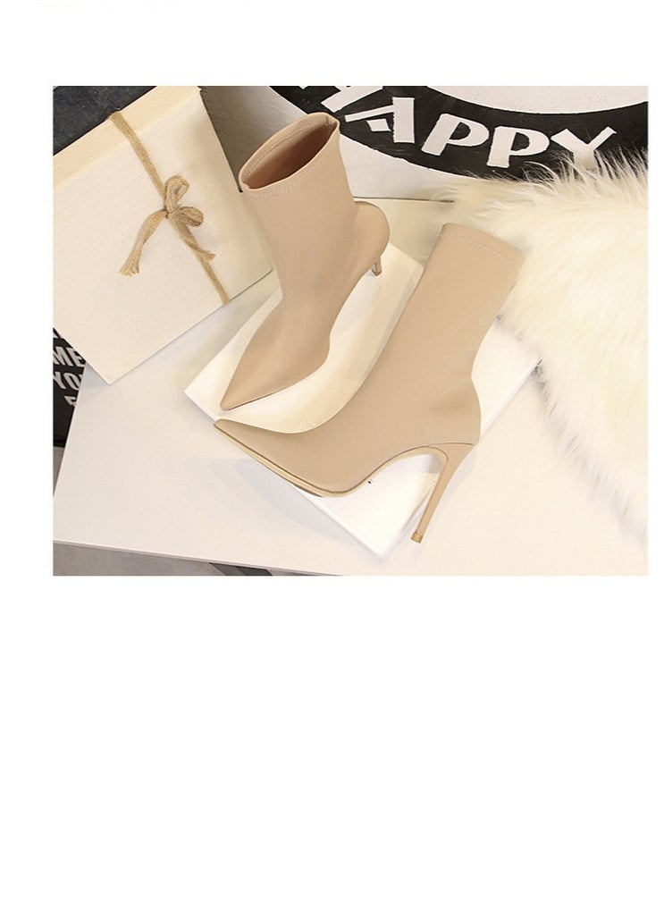 SIKETU - European And American Simple Women's Boots Slim Heel Pedicure Thin Pointed Lycra Elastic Ankle Boots Beige - Image 1