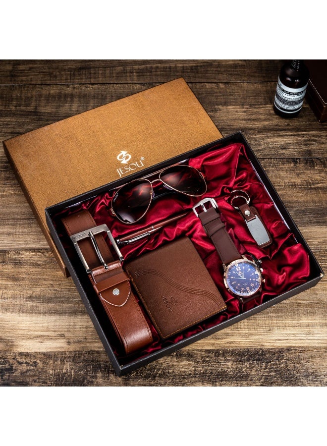 JESOU Men’s 6-Piece Gift Set with Watch, Wallet, Belt, Sunglasses, Pen & Keychain - Image 1