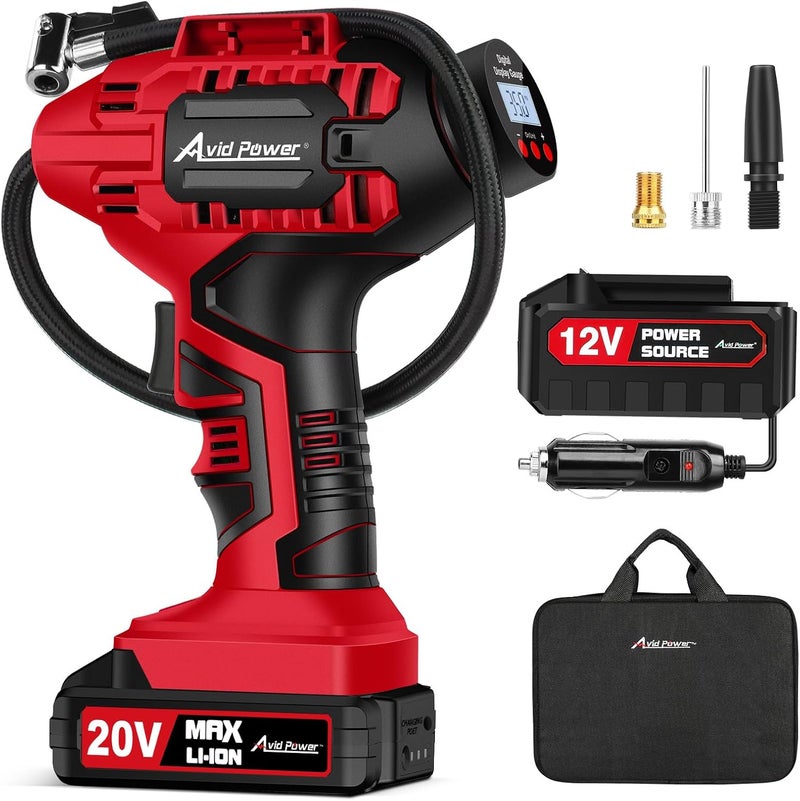 AVID POWER Tire Inflator Portable Air Compressor, 20V Cordless Car Tire Pump, Rechargeable Battery Powered Air Compressor w/12V DC Adapter, Digital Pressure Gauge - Image 1