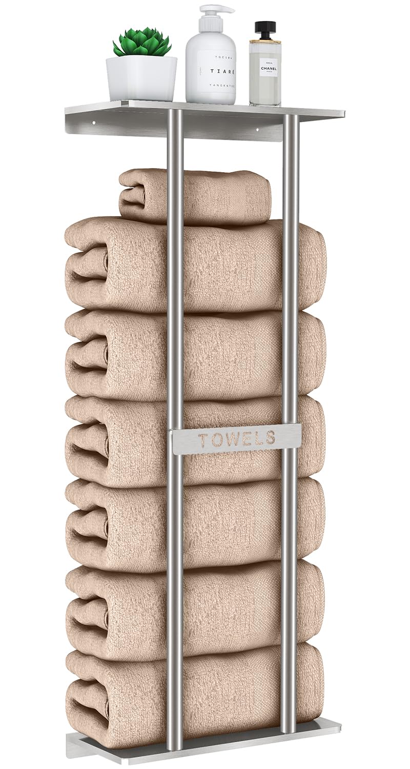 STWWO Bathroom Towel Storage for Bathroom Wall Towel Rack for Rolled Towels 30 inch Towel Holder Wall Mounted with Metal Shelf Can Holds 6 Large Towels Brushed Nickel