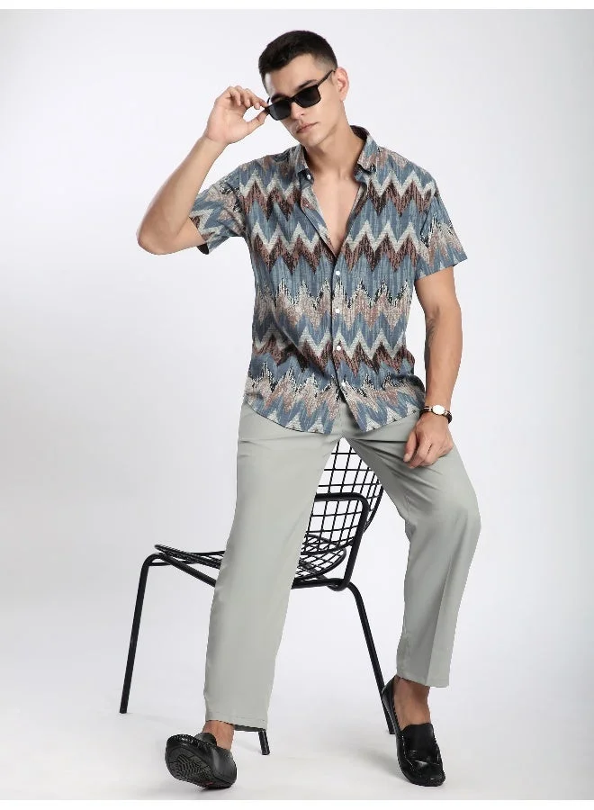 بيونغ قميص فيسكوز بنصف كم بتصميم شيفرون أزرق