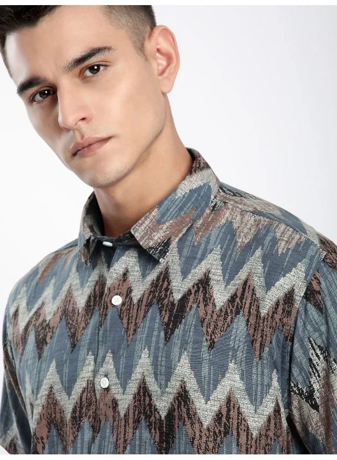 بيونغ قميص فيسكوز بنصف كم بتصميم شيفرون أزرق