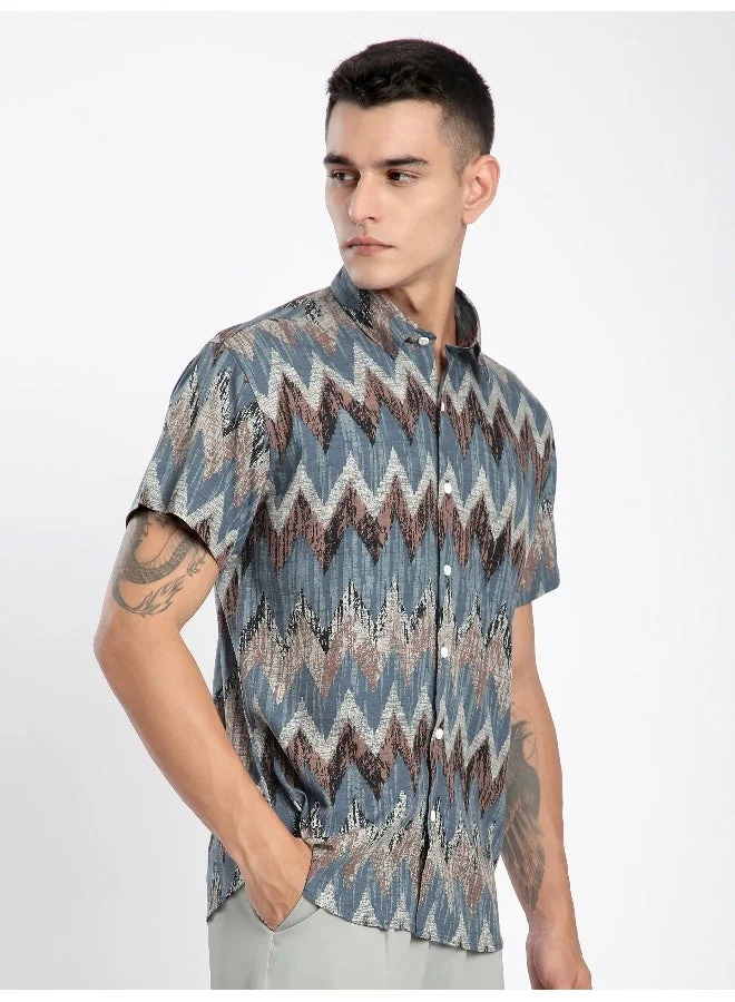 بيونغ قميص فيسكوز بنصف كم بتصميم شيفرون أزرق