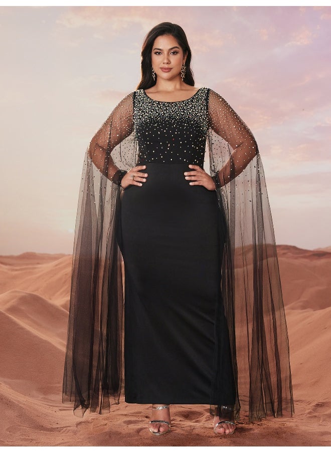 مدام يونيك فستان سهرة طويل بأكمام مع دانتيل شفاف وتطريز أنيق  - Image 4