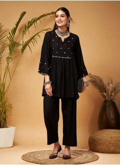 SASSAFRAS Mirror Work Embroidered Pom Pom Trim Kurti and Palazzos Set by Styli  - Image 1