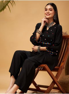 SASSAFRAS Mirror Work Embroidered Pom Pom Trim Kurti and Palazzos Set by Styli  - Image 2
