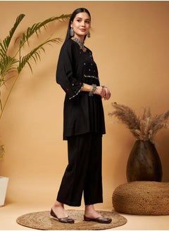 SASSAFRAS Mirror Work Embroidered Pom Pom Trim Kurti and Palazzos Set by Styli  - Image 3