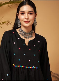 SASSAFRAS Mirror Work Embroidered Pom Pom Trim Kurti and Palazzos Set by Styli  - Image 4