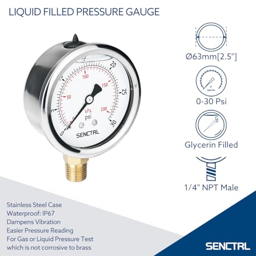 SENCTRL 0-30 PSI Glycerin Liquid Filled Low Pressure Gauge, 2.5" Dial Size, 1/4 NPT, Stainless Steel Case, Lower Mount, for Water Oil Air Pressure Test - Image 2