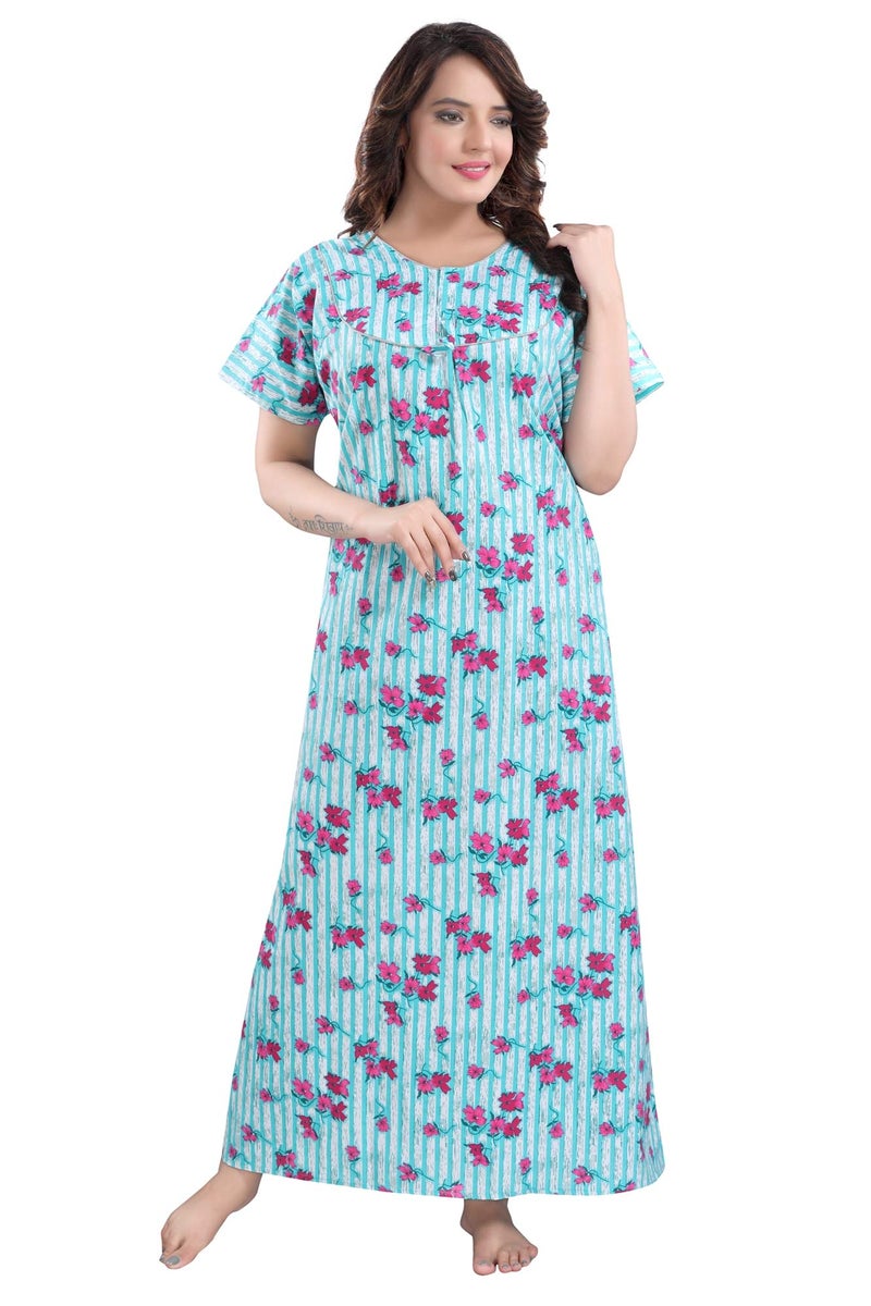 Fabme Women's Printed Cotton Regular Nighty (NW0228_Sea Green) - Image 1