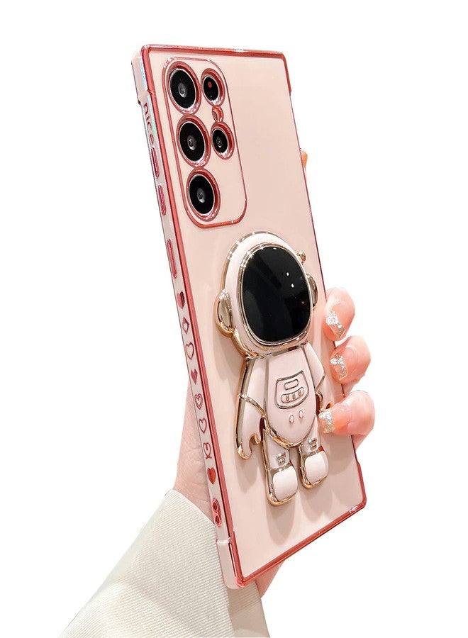 أوميو جراب Omio لهاتف Galaxy S24 Ultra مع حامل رواد فضاء مخفي، طلاء فاخر على شكل قلب حب، حواف جانبية مزينة بنقشة حب صغيرة للنساء والفتيات، غطاء هاتف TPU ناعم ونحيف مع مسند، لون وردي - Image 1