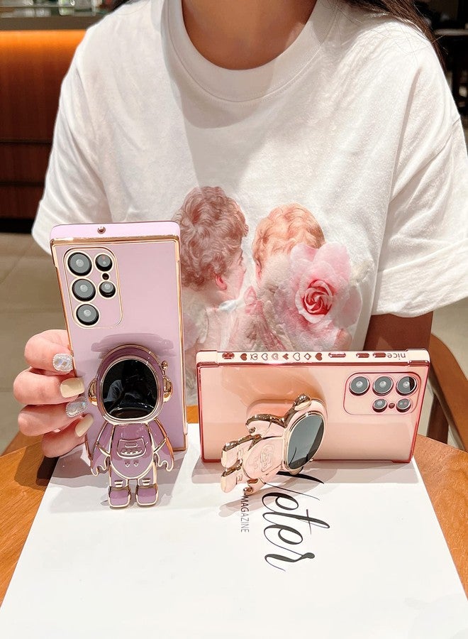 أوميو جراب Omio لهاتف Galaxy S24 Ultra مع حامل رواد فضاء مخفي، طلاء فاخر على شكل قلب حب، حواف جانبية مزينة بنقشة حب صغيرة للنساء والفتيات، غطاء هاتف TPU ناعم ونحيف مع مسند، لون وردي - Image 3