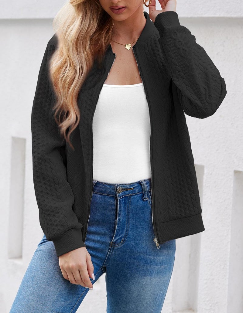 WROLEM Women's Zip Up Cardigan Sweater Cable Hoodies Long Sleeve Jacket Outfits Crewneck Casual Coat Black - Image 3