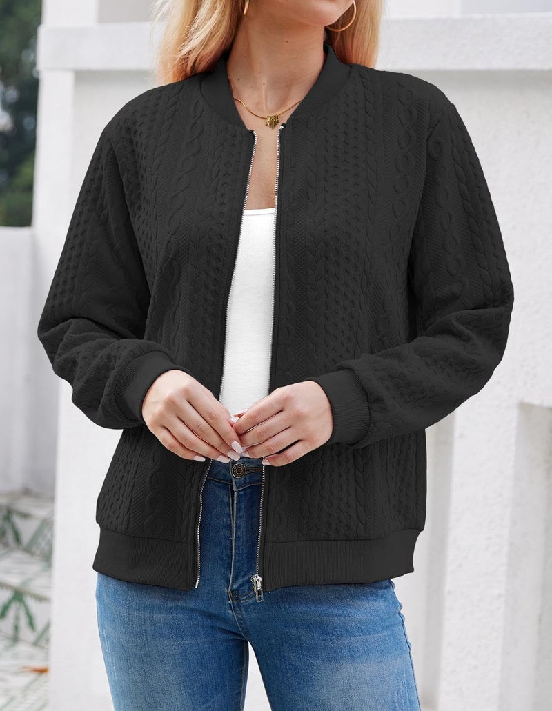 WROLEM Women's Zip Up Cardigan Sweater Cable Hoodies Long Sleeve Jacket Outfits Crewneck Casual Coat Black - Image 2