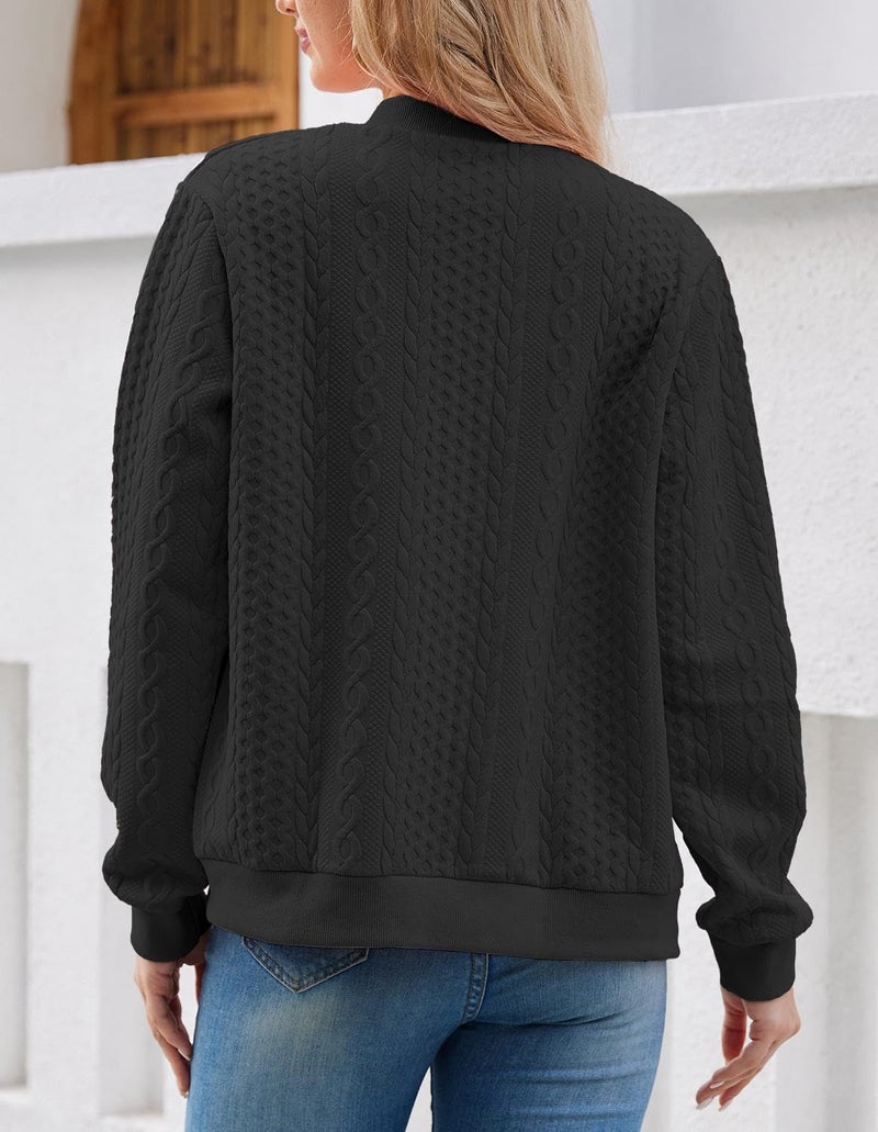 WROLEM Women's Zip Up Cardigan Sweater Cable Hoodies Long Sleeve Jacket Outfits Crewneck Casual Coat Black - Image 5
