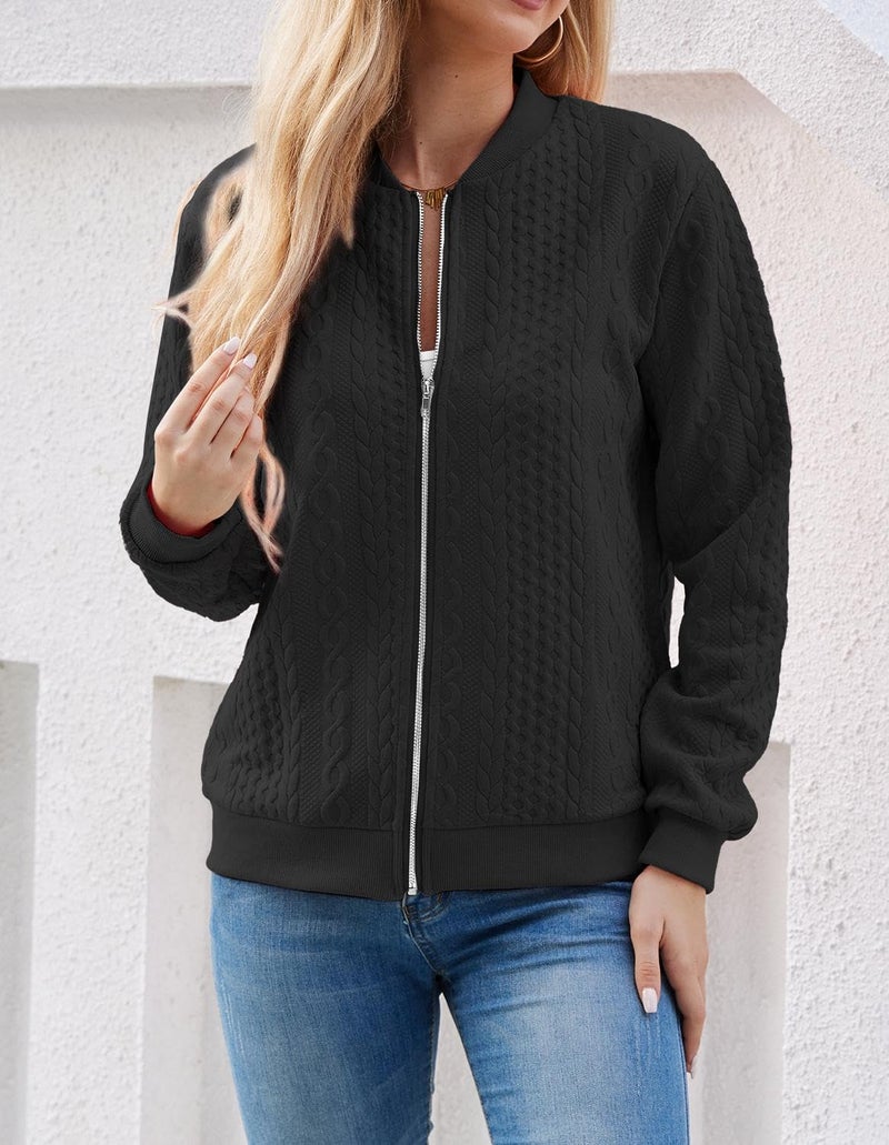 WROLEM Women's Zip Up Cardigan Sweater Cable Hoodies Long Sleeve Jacket Outfits Crewneck Casual Coat Black - Image 4