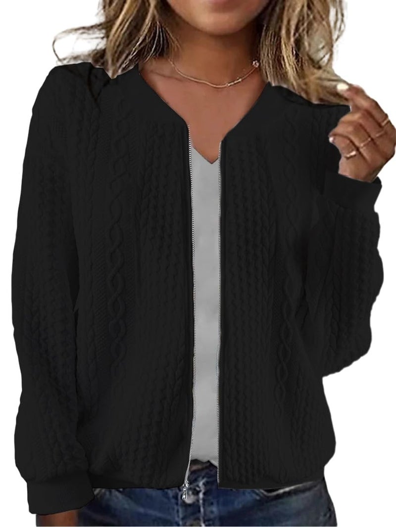 WROLEM Women's Zip Up Cardigan Sweater Cable Hoodies Long Sleeve Jacket Outfits Crewneck Casual Coat Black - Image 1