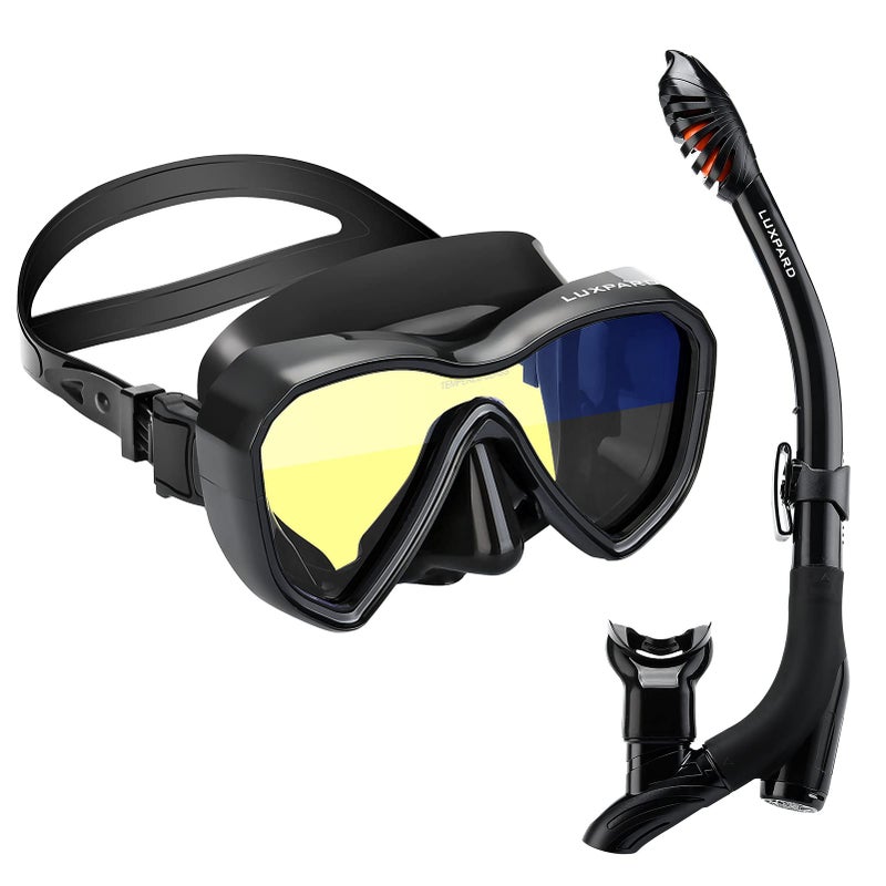 LUXPARD Snorkel Set, Anti-Fog Panoramic View Snorkel Mask and Anti-Leak Dry Snorkel Tube, Snorkeling Gear for Adults, Snorkel Kit Bag Included (Black) - Image 1