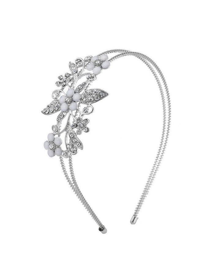 Lux Accessories Silver Tone Crystal Rhinestone White Flower Floral Coil Headband  - Image 1