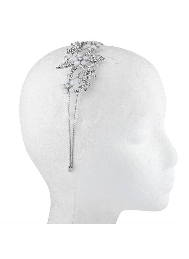 Lux Accessories Silver Tone Crystal Rhinestone White Flower Floral Coil Headband  - Image 4