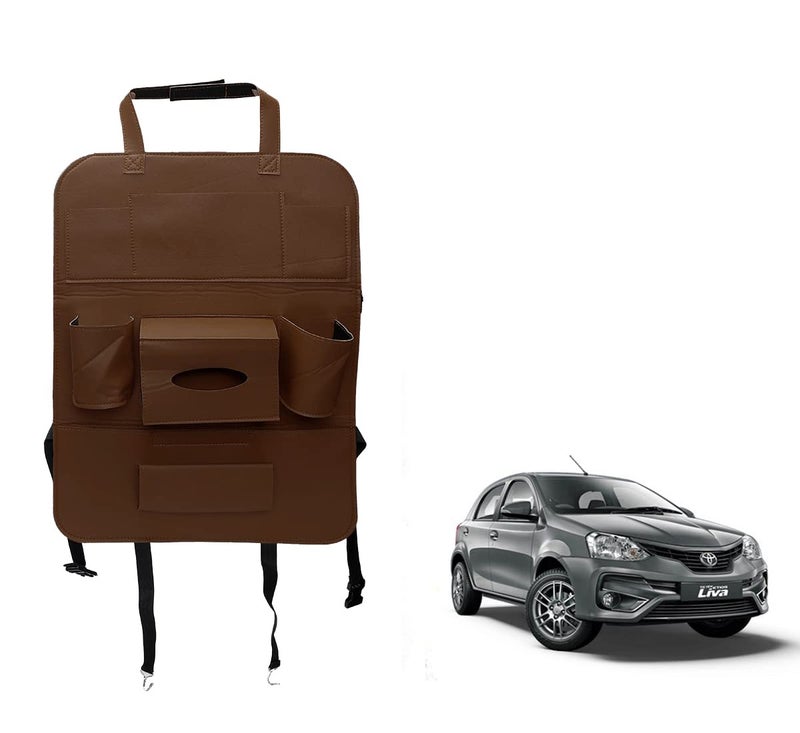 Oshotto Car Backseat Storage Organizer Phone Holder,Multi-Pocket for Bottles, Tissue Boxes,Kids Toy Storage and Great Travel Accessory Compatible with Toyota Liva (Brown) - Image 1