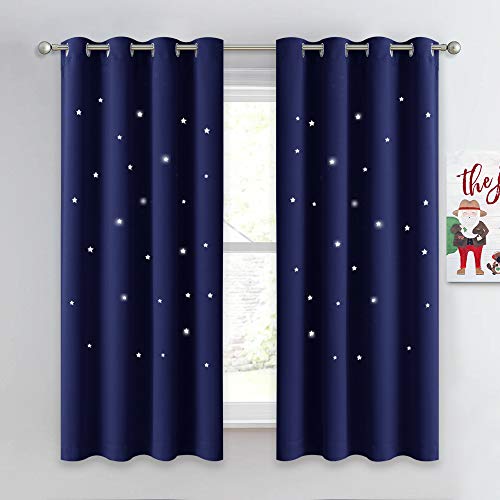 NICETOWN NICETOWN Kids Curtains Navy Blue Romantic Star Curtains Thermal Insulated Blackout Curtains for Kids Teenagers Bedroom Small Window W52 x L63 Set of 2 