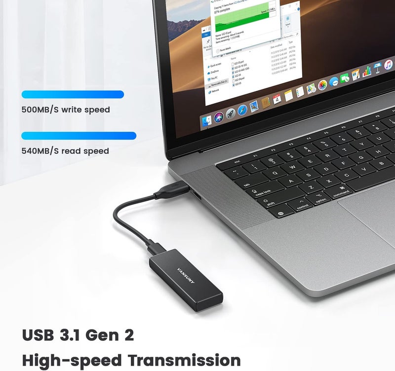 قرص SSD خارجي محمول سعة 250 جيجابايت بواجهة USB 3.1، سرعة قراءة/كتابة تصل إلى 500 ميجابايت/ثانية، فائق النحافة مع واجهة USB-C، لأجهزة الكمبيوتر المحمول واللوحي والكمبيوتر الشخصي وهواتف أندرويد، أسود - Image 2
