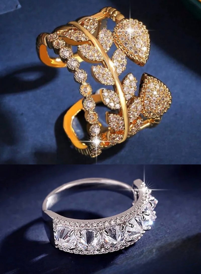 نيو ستايل خاتمين نسائية باللونين الفضي والذهبي مرصعين بالزركون بمقاس موحد - Image 1