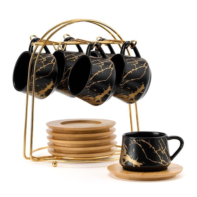CERAMIC ESPRESSO CUPS WITH SAUCERS AND METAL STAND SMALL 4 OZ PORCELAIN DEMITASSE CUPS SET OF 6 CUTE CAPPUCCINO COFFEE CUPS FOR DOUBLE ESPRESSO TEA MARBLING BLACK